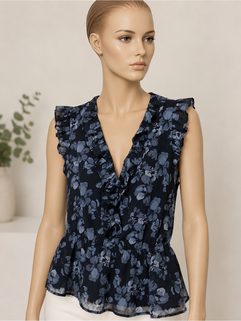 Banana Republic Navy Blue Floral Ruffled Sleeveless Blouse